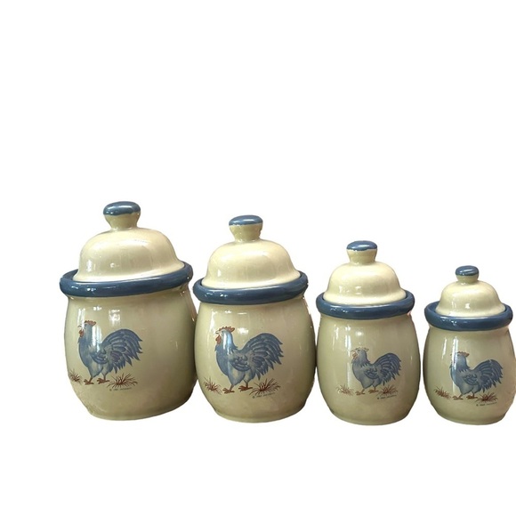 Vintage 1983 Jacaman 4pc Canister Set Blue Rooster Grey Stoneware Flawless EUC - Picture 2 of 11